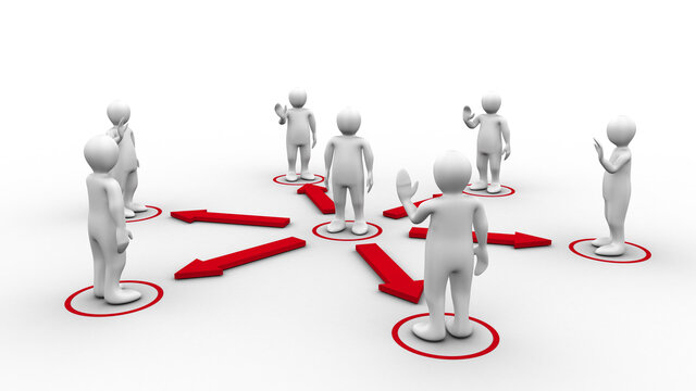 White 3d-man requesting connection with surrounding 3d-men greet