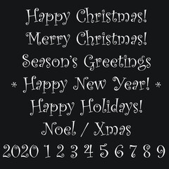 Mix of seasonal Christmas messages in decorative curly writing for dropping into Xmas projects, vector illustration