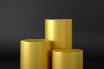Empty stands for product presentation. Gold pedestals on a dark background. 3d rendering.