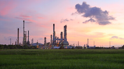 Industrial view of oil refinery factory at sunrise, In the east of Thailand