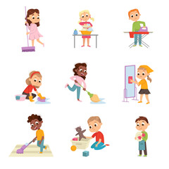 Funny Children Doing Housecleaning Mopping the Floor and Washing Dishes Vector Set