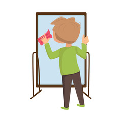 Fototapeta premium Little Boy Rubbing Glass Mirror with Sponge Vector Illustration