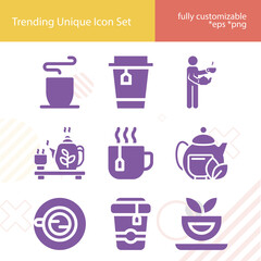 Simple set of green tea related filled icons.