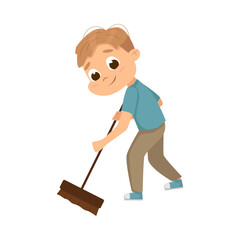 Fototapeta premium Little Boy Sweeping the Floor with Broom Vector Illustration