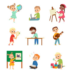 Cute Children in Class Studying School Subjects Vector Set