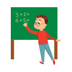 Little Boy Standing at Blackboard and Doing Sums Vector Illustration