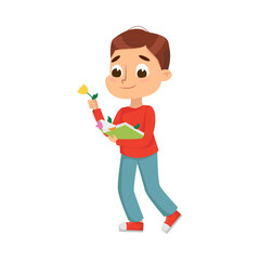 Curious Boy Holding Book with Herbarium Vector Illustration