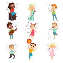 Little Boys and Girls Playing Musical Instrument and Singing Vector Set