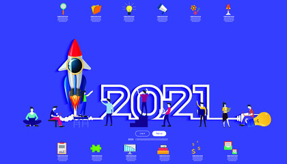 Naklejka premium Vector illustration modern design business plan brainstorm think analyze creative Rocket idea concept with marketing strategy 2021 new year Infographic template.