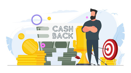 Businessman and a mountain of money. A man stands near gold coins and large dollar bills. Cashback lettering isolated on white background. Golden coins. Composition on the topic of money back.