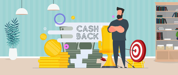 Businessman and a mountain of money. A man stands near gold coins and large dollar bills. Cashback lettering isolated on white background. Golden coins. Composition on the topic of money back.