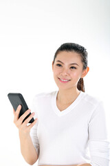 beautiful young south east Asian Chinese holding phone thinking wondering on white background