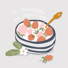 Yogurt cream with fresh strawberry in a saucer. Vector food illustration in hand-drawn style. 