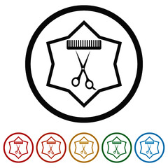 Scissors groomer comb ring icon, color set