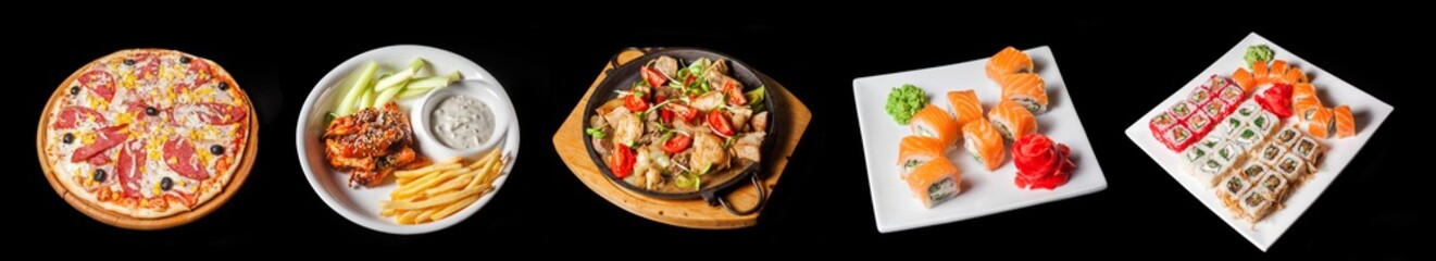 Collection of different dishes in pub isolated on black background