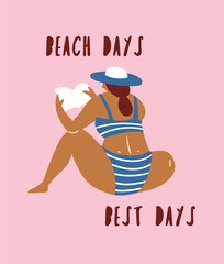 Young woman sunbathing on the beach and reading a book. Vector summer  illustration with text - Beach days = Best days.
