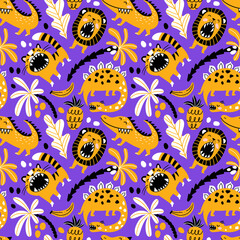 Cute wild animals and dinosaur. Seamless pattern design for kids fabrics and wallpapers. Vector zoo repeat background.