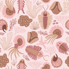 Seamless patterns design for fabric or wrap paper. Chambered Nautilus (Nautilus Pompilius) and other shells isolated on pink background. Pearly shell ocean mollusks.  Vector illustration.