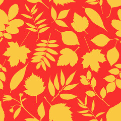 Lovely autumn leafs pattern in warm colors, seamless repeat. Trendy flat style. Great for backgrounds, cards, gift wrapping paper, home decor etc.