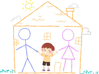 Kid Boy Draw Chalk Parents Home Happy Illustration