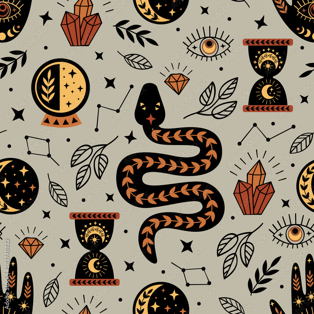 Wall mural seamless pattern with mystical elements