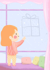 Kid Girl Draw Gift Window Fog Illustration