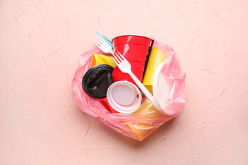 Plastic garbage on color background. Ecology concept