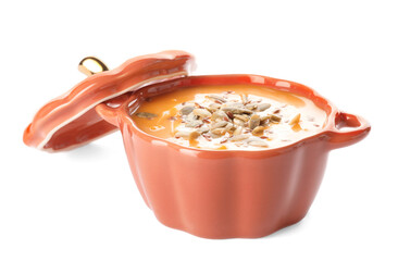 Tasty pumpkin cream soup in pot on white background