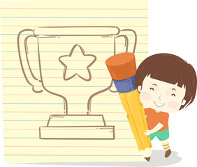 Kid Boy Big Pencil Paper Draw Trophy Illustration