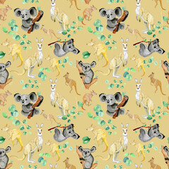 Seamless pattern with cute watercolor animals Australia koala kangaroo eucalyptus and flowers