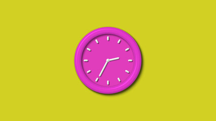 New pink color 3d wall clock isolated on yellow background,12 hours wall clock isolated