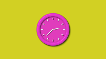 New pink color 3d wall clock isolated on yellow background,12 hours wall clock isolated