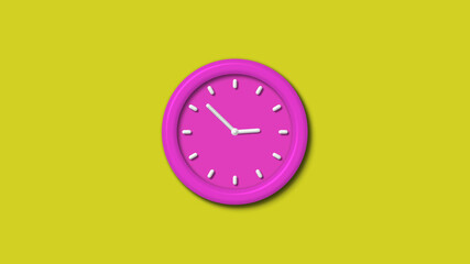 New pink color 3d wall clock isolated on yellow background,12 hours wall clock isolated