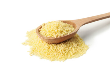 Spoon with raw couscous isolated on white background