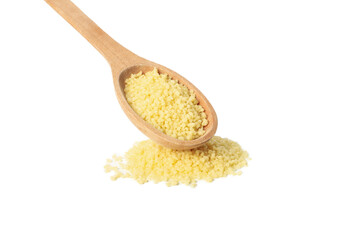 Spoon with raw couscous isolated on white background