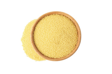 Bowl with raw couscous isolated on white background