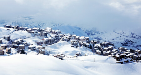 Winter mountain village landscape