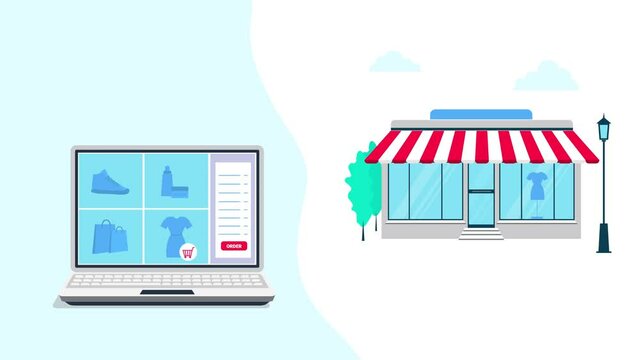 Offline to Online animation. O2O sales system, ecommerce, retail business. Marketing strategy with cartoon flat illustration, shop building, online store on computer screen, delivery truck 4K footage.