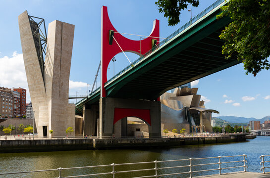 BILBAO, SPAIN - JULY 16, 2019: Modern cityscape view with main landmark - cable-stayed bridge Puente de La Salve..