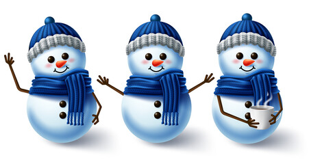 Winter character vector set. Winter snowman 3d characters wearing scarf and hat for winter season collection design isolated in white background. Vector illustration
