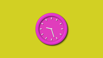 New pink color 3d wall clock isolated on yellow background,12 hours 3d wall clock