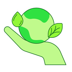 Save the earth concept hand hold earth leaf drop water white isolated background with green theme flat outline style