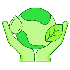 Save the planet concept hand hold earth water drop leaf white isolated background with green theme flat outline style