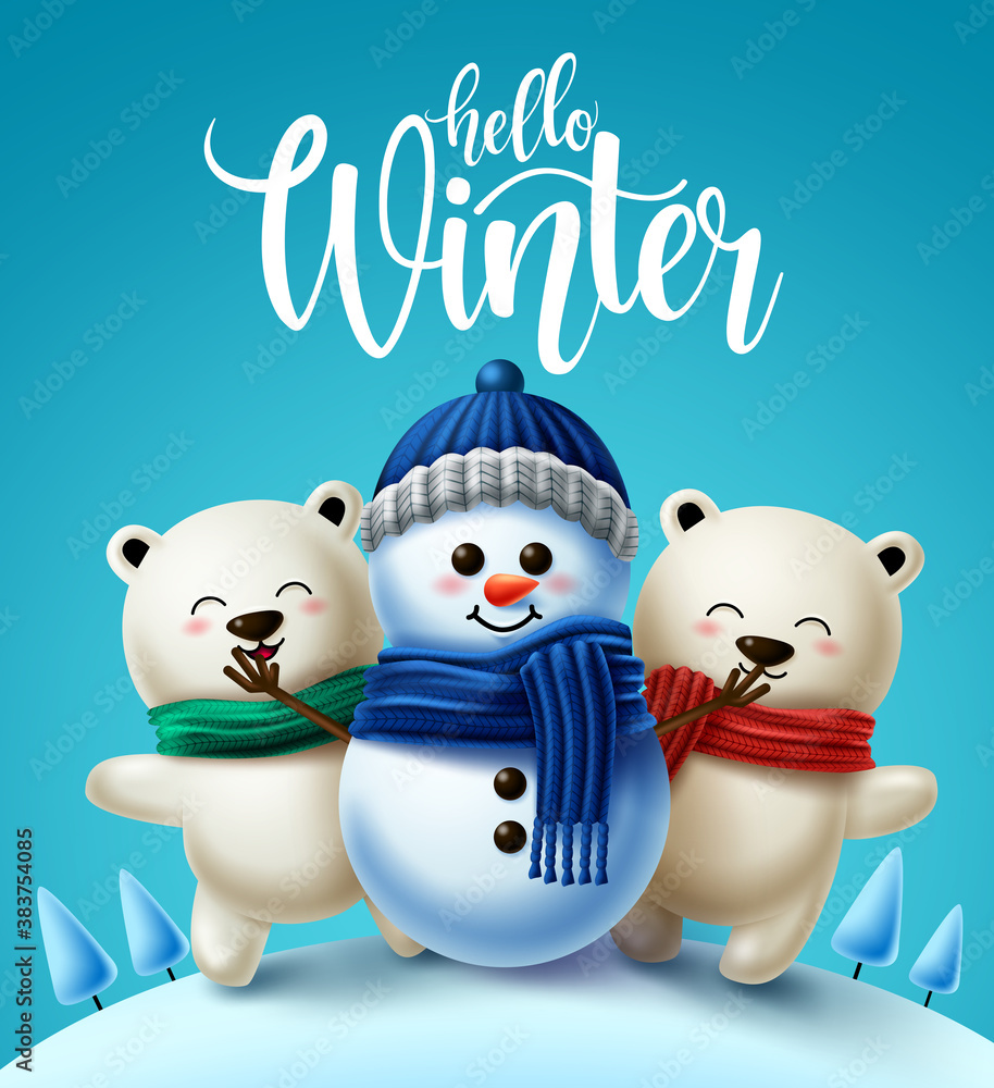 Poster winter characters vector background design. hello winter greeting text with 3d snowman and polar bea