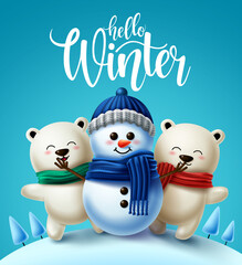 Winter characters vector background design. Hello winter greeting text with 3d snowman and polar bear character wearing scarf for winter holiday season. Vector illustration 
