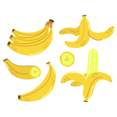 Set of hand drawn yellow bananas, slice, peeled banana. Flat vector illustration.
