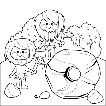 recommend clip art: Cavemen and a rock wheel invention. Vector black and white coloring page