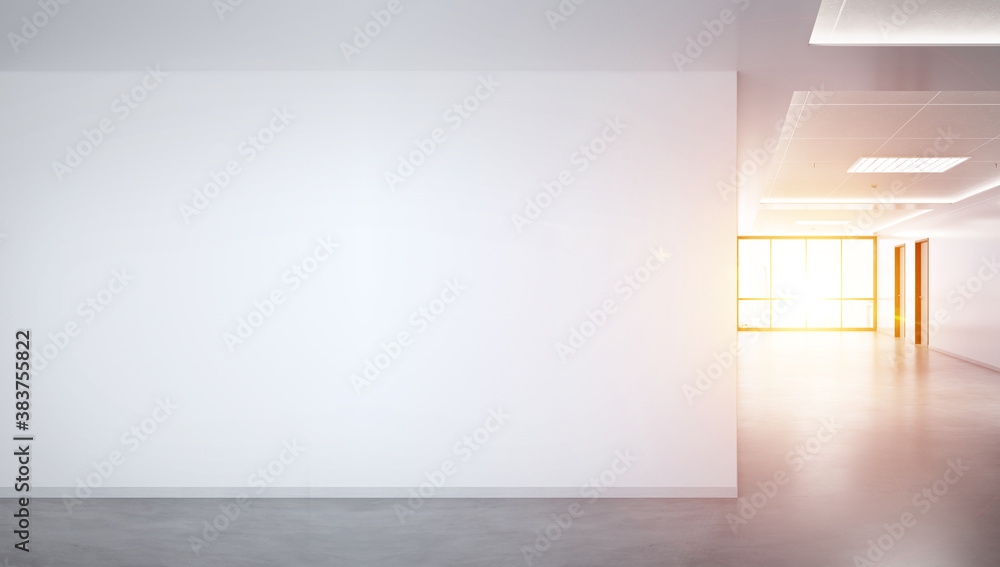 Poster blank wall in bright office mockup with large windows and sun passing through 3d rendering
