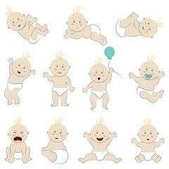 Set of vector characters of a white-skinned, fair-haired baby with green eyes. Large collection of naked toddler boy in diapers with different facial expressions and poses