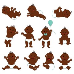 Vector set of different poses and facial expressions of a dark-skinned baby boy with black slanted eyes. Cheerful, funny, crying, sad, surprised, calm, etc. naked Eurasian toddler in diapers